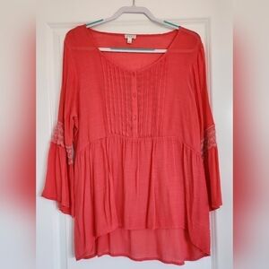 Spense Coral Peasant Blouse with Pintuck & Lace Trim